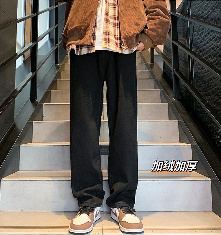 White Fleece-Lined Jeans for Men, Winter Loose Straight-Leg Pants, Casual Versatile Youth Trendy Wide-Leg Trousers