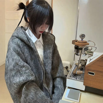 Mohair Hooded Jacket for Men and Women, Autumn and Winter Loose Casual Style Knitwear, Trendy Plush Jacket, Thickened Top