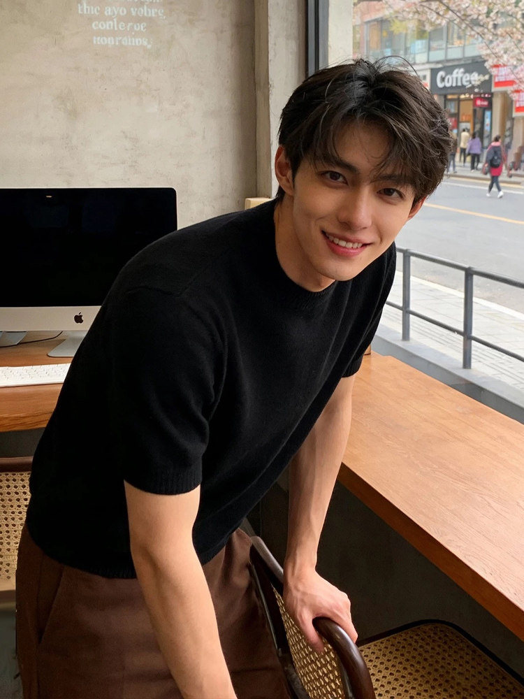 Black Regular Shoulder Knit Short-Sleeve Men's Summer Solona Cool Quick-Dry Ice Silk T-Shirt with a Small Neckline for Layering