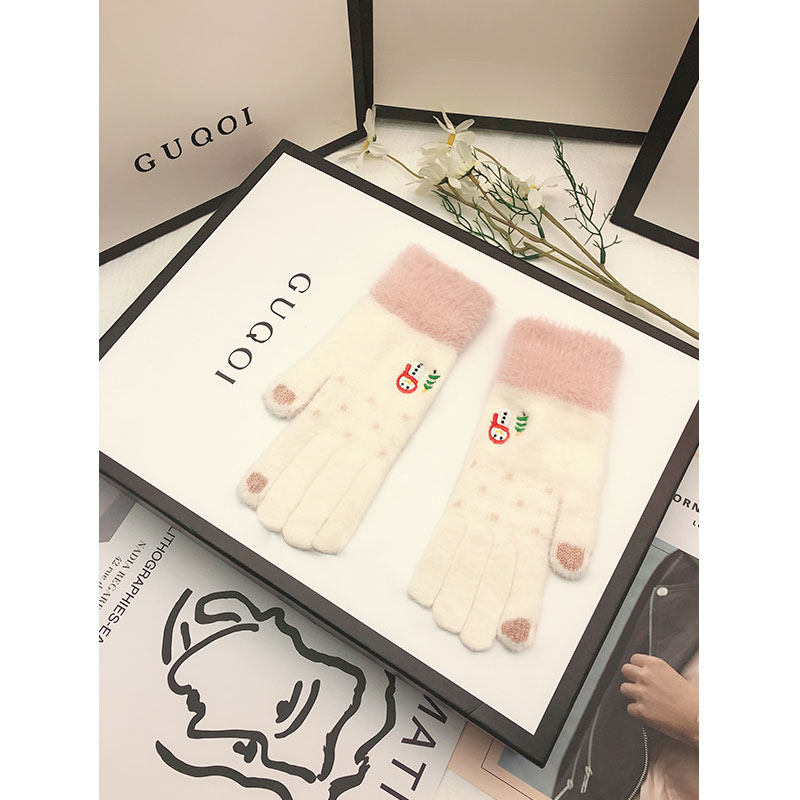 Autumn and winter women's velvet thickened warm and cold student touch screen Korean version of cycling cotton gloves women's winter cute tide