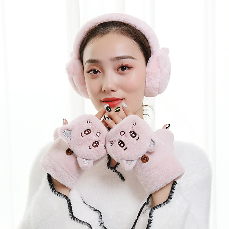 Scarf hat Two sets gloves Winter women cute girls winter riding warm and velvety soft girl dew finger anti-chill