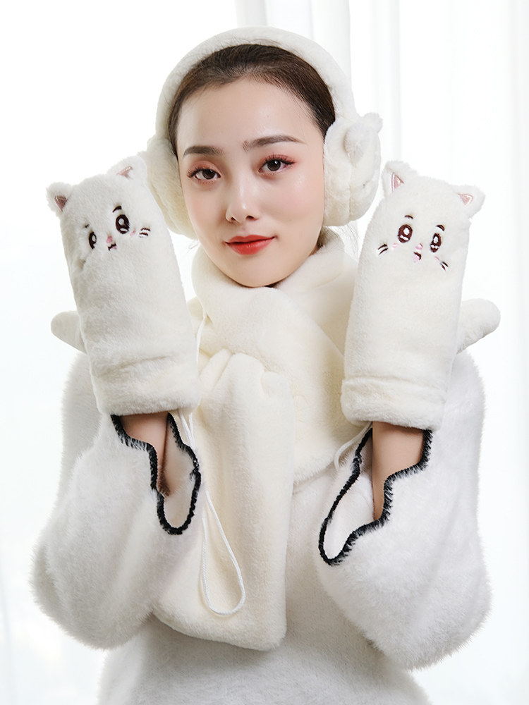 Gloves female winter cute Korean version of the student warm plus velvet thickened cotton plush anti-winter day hanging neck cartoon Christmas
