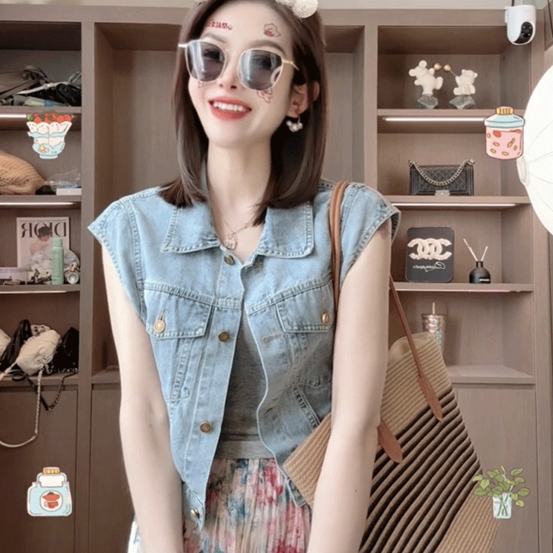 Thin Breathable Washed Denim Shirt for Women 2026 Summer New Style Petite Sleeveless Vest Shirt Top Thin Breathable Washed Denim Shirt for Women 2026 Summer New Style Petite Sleeveless Vest Shirt Top