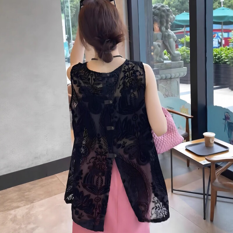 Flocked Jacquard Slightly Sheer Back-Slit Sleeveless Shirt for Women 2026 New Summer Loose-Fitting Petite Elegant Top