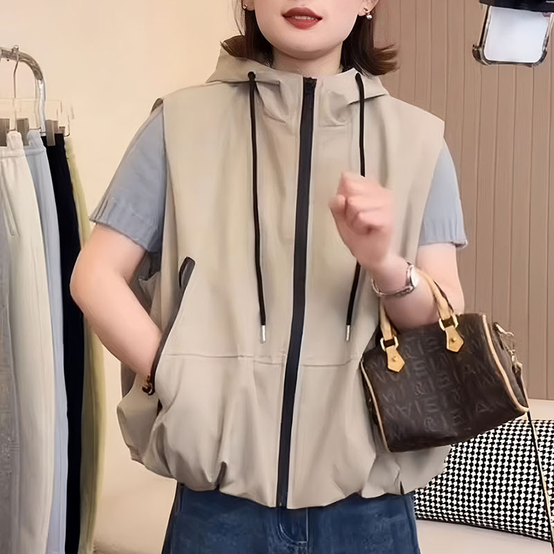Thin Casual Hooded Jacket Vest for Women 2026 New Style Outerwear Loose and Lazy Sleeveless Vest