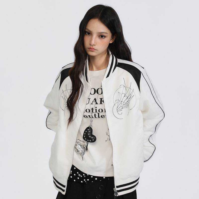 Moodquake Original Design American Retro Baseball Jacket Autumn Coat Loose Fit Color Block
