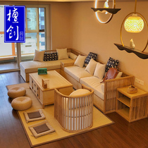 Japanese-style solid wood sofa Modern simple living room Zen style fabric detachable and washable wood color new Chinese furniture