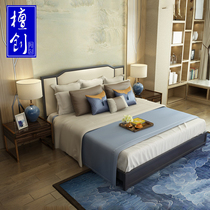  New Chinese style bed Simple hotel villa model room Solid wood double wedding bed Modern master bedroom princess bed