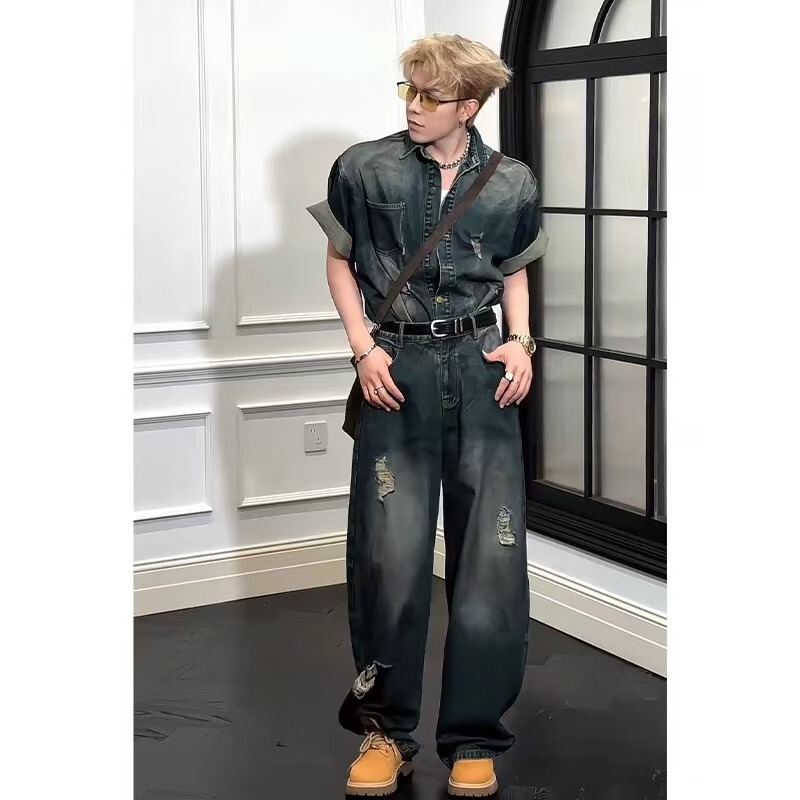 Washed Vintage Blue Denim Jacket Men's Short-Sleeved Shirt Set Summer American High Street Cool and Handsome Outfit Complete Set Washed Vintage Blue Denim Jacket Men's Short-Sleeved Shirt Set Summer American High Street Cool and Handsome Outfit Complete Set