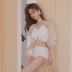 Nữ thần Sanya-Dongdaemun áo tắm trắng tiên nữ quạt ren dài tay áo tắm hai mảnh sexy suối nước nóng - Bộ đồ bơi hai mảnh