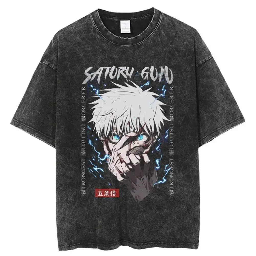 Аниме jujutsu kaisen футболка винтажная стиранная футболка Gojo Sat