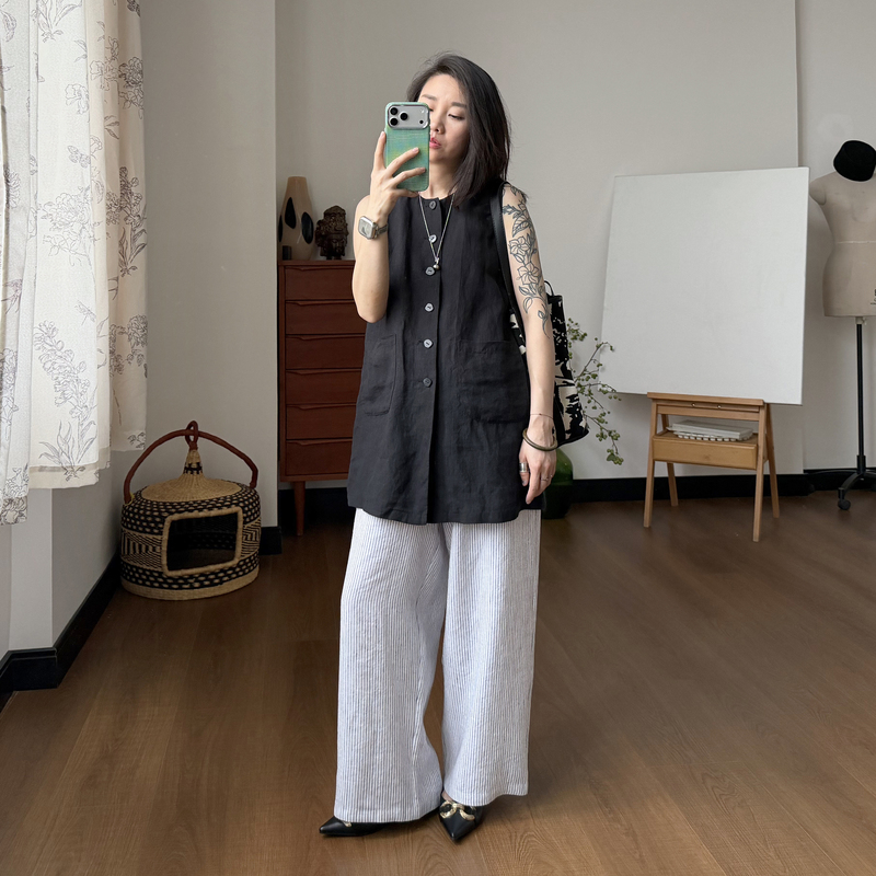 2026 Summer New Women's Vest 100% Linen Round Neck Single-Breasted Thin Style Versatile for Commuting Loose Fit Outerwear