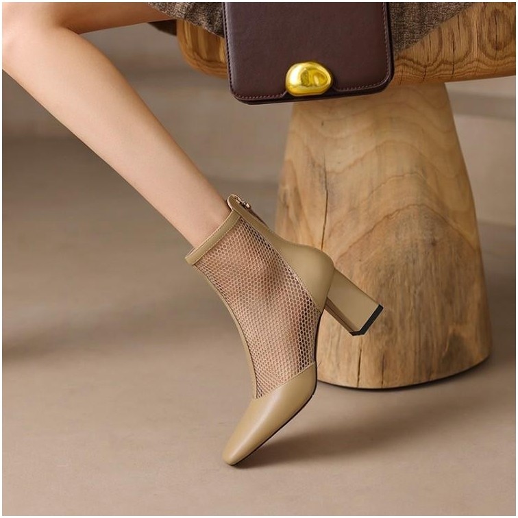 Real leather coarse heel mesh yarn Martin boots Women 2022 Summer new thin Breathable Inglém Wind Retro Hollowed-out Short Boots