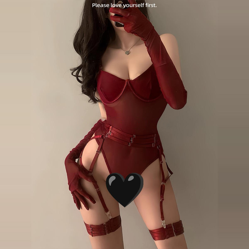Xianmengge [No Man's Land Rose] Red Small Bust Underwire Super Sexy Bodysuit with Leg Rings Red Lingerie Set