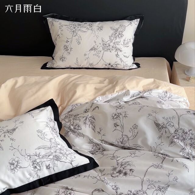 June Rain White Class A Light Luxury Black and White American Sketch High-end Four-Piece Set of All-Cotton Pure Cotton Four-Y Season Bedding Products