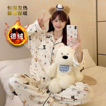 Pajamas for men and women in winter, thickened coral velvet, long sleeves, cute loose home clothes, lapel velvet suit yz