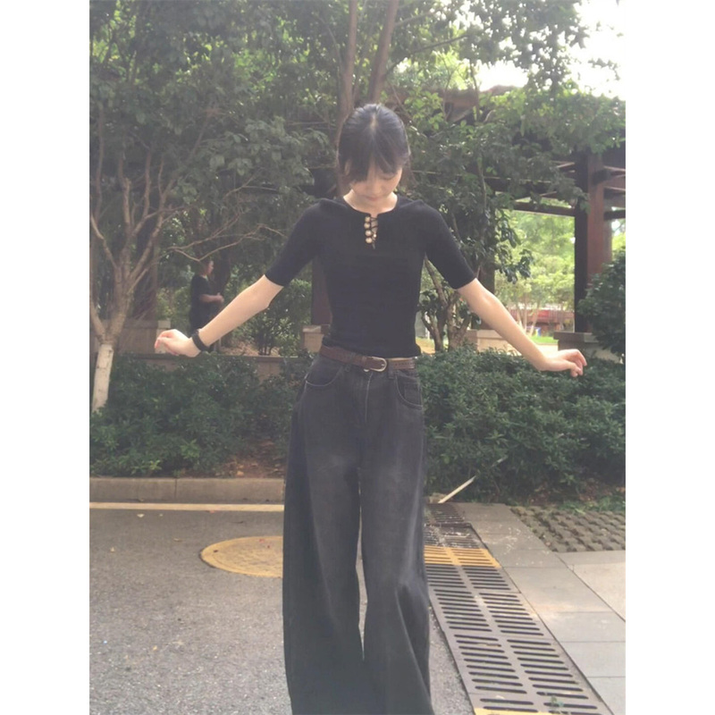 Korean-Style Patchwork Black Half-Open Collar Mid-Sleeve T-Shirt for Women, Summer Slim-Fit Design, Versatile Trendy Top for Hot Girls