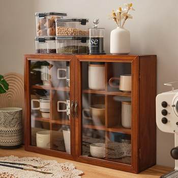 Solid wood retro desktop cup storage cabinet home restaurant tea set storage box dustproof mug antique display stand