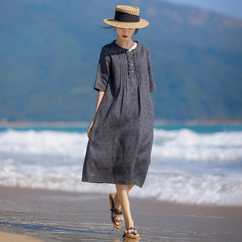 2026 Retro Vintage Linen Dress for Women with Three-Quarter Sleeves, Printed A-Line Dress, Loose and Slimming, Artistic Long Dress