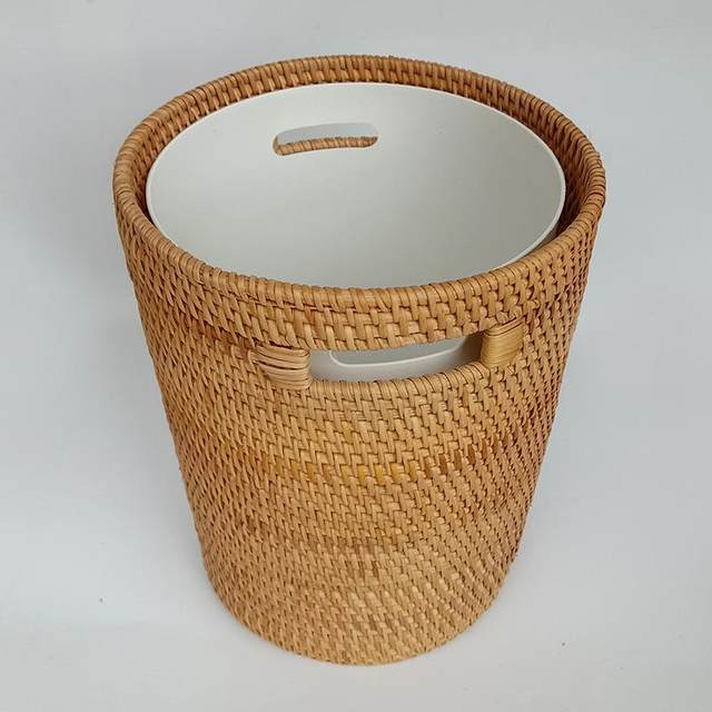 B&B Pastoral Light Luxury Trash Can Handmade Rattan Home Desktop Trash Can Round Uncovered Storage Tank Waste Paste Can