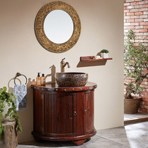 Ancient ancient style Chinese semi-circular antique solid wood bathroom cabinet combination Curved sink wash basin cabinet floor