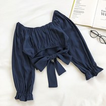 2020 fall New products Korean line Shoulder Short shoulder Short Waist Strap Butterfly Knot Design Sensation Slim Long Sleeve Blouse Women