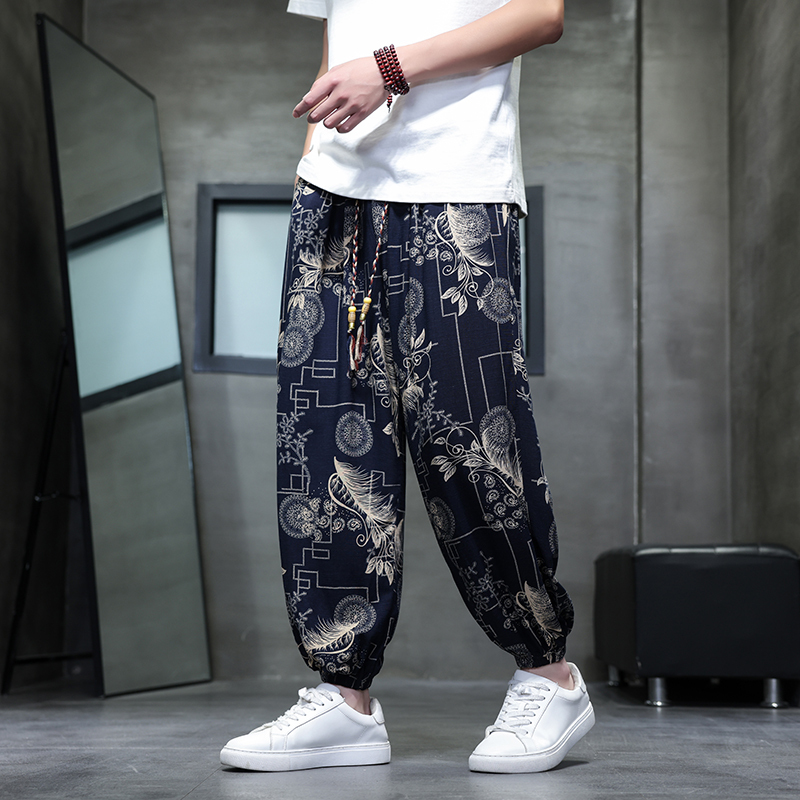 Chinese Style Printed Trendy Casual Pants for Men, Summer Thin Loose Large Size Lantern Nine-Point Pants, Ice Silk Sports Long Pants