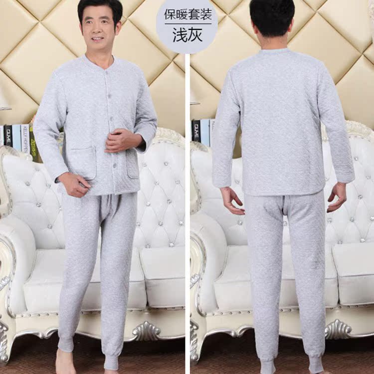 ấm đồ lót cardigan mens bông tinh khiết trung niên và người già ba lớp dày và womens thiết người già bánh sandwich bông mở cardigan mùa thu.