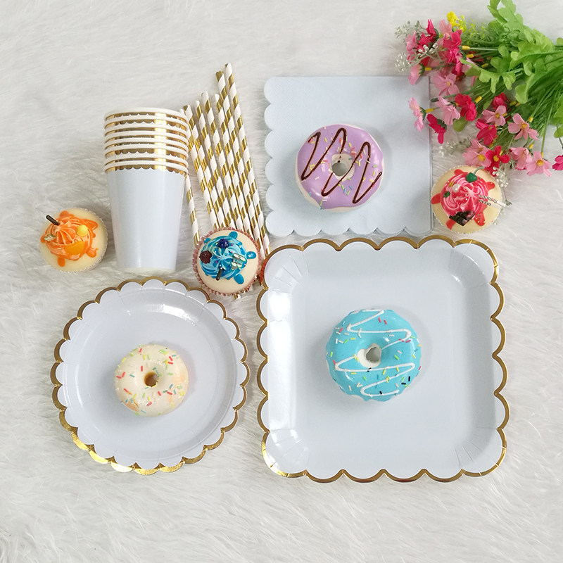 Bronzing petals blue paper tray paper cup set high-end disposable tableware set birthday party wedding party