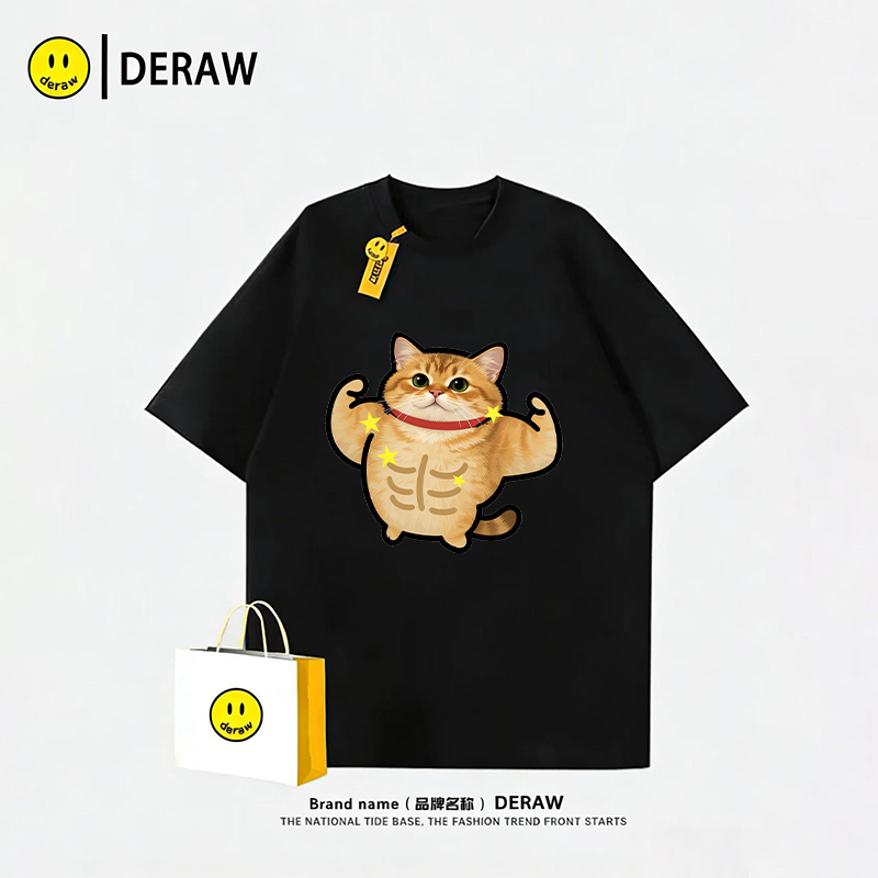 Deraw Fitness Muscle Gold Gradient Cat Print Pure Cotton Short-Sleeved T-Shirt for Men and Women Casual Loose Couple Tops
