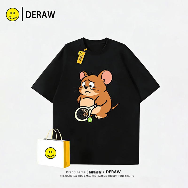 Deraw Chubby Badminton Jerry Tom Printed Short-Sleeved T-Shirt Tom and Jerry Cartoon Sports Versatile Couple Top