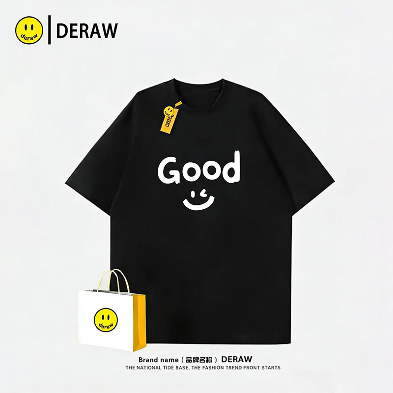 Deraw Trendy Black Short-Sleeved T-Shirt for Men and Women, 2026 Summer Design, Fashionable and Simple Round Neck Top