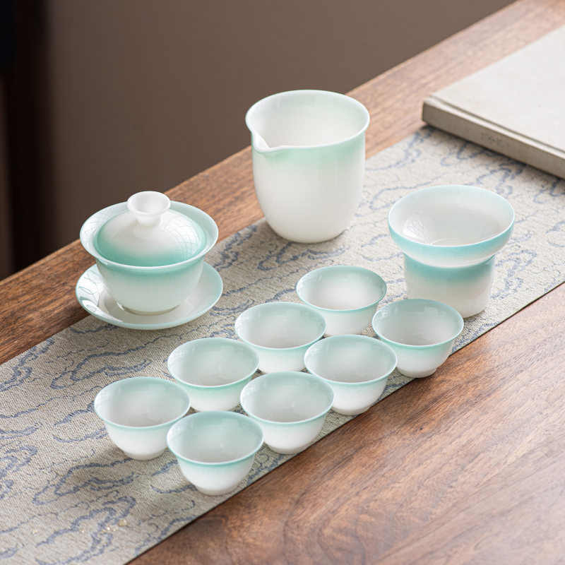 Ceramic Jade Kung Fu Tea Set with Gradient Green Lid Bowl and Small Teacups for Home Use, Chaoshan Kung Fu Tea Set