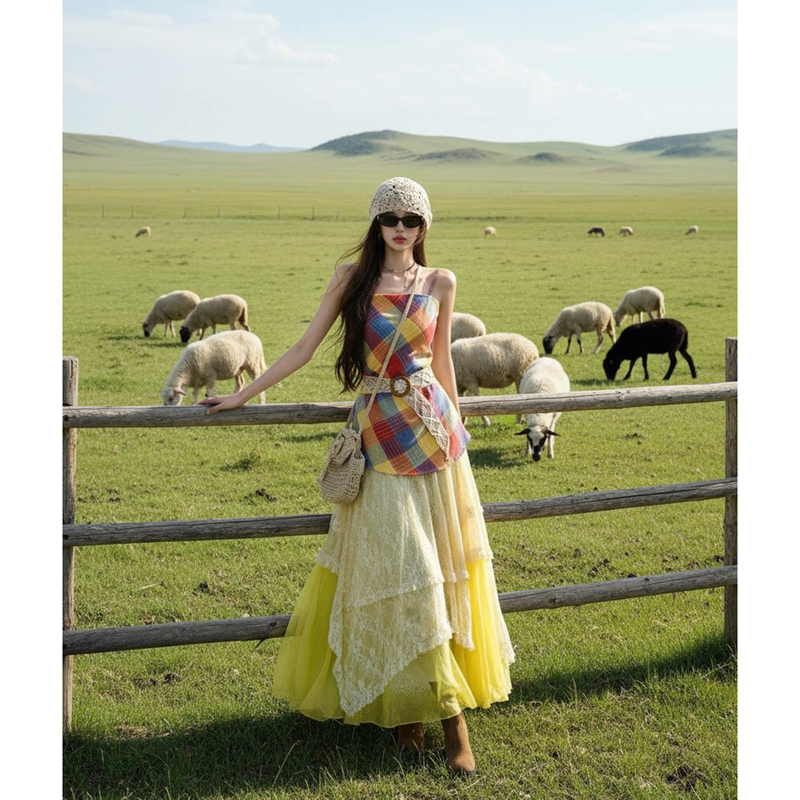 Xinjiang and Northwest Sichuan Travel Bohemian Style Outfit Dopamine Colorful Plaid Camisole Irregular Layered Set Xinjiang and Northwest Sichuan Travel Bohemian Style Outfit Dopamine Colorful Plaid Camisole Irregular Layered Set