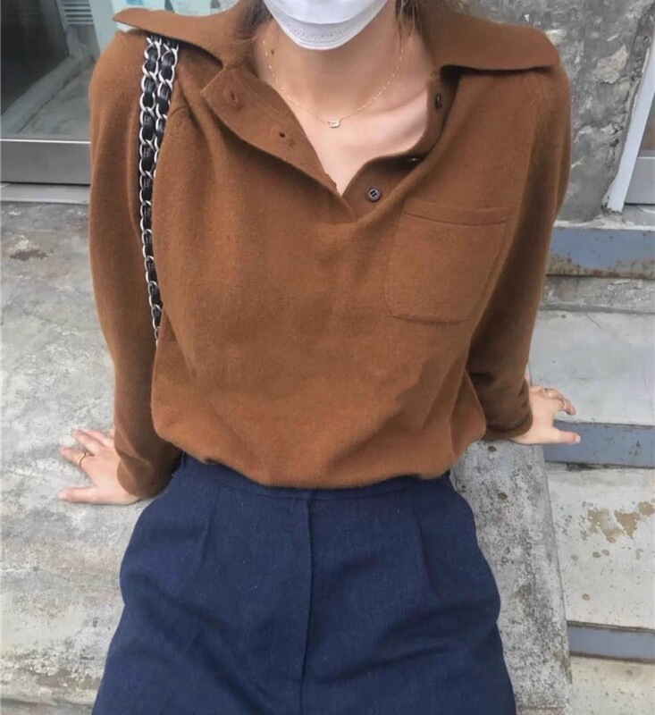 Dc076 Lapel Pullover Knitted Caramel Sweater Top