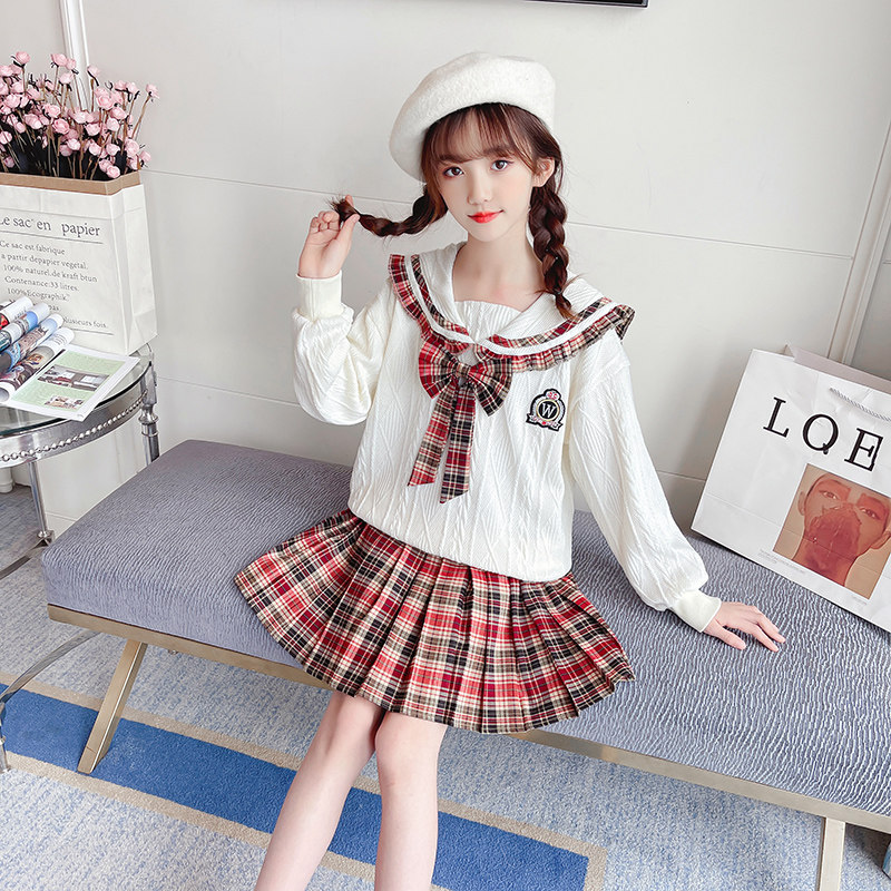 Girls' dresses 2022 autumn new long-sleeved plaid skirt children's autumn clothes Western style fashionable pleated skirt two-piece set