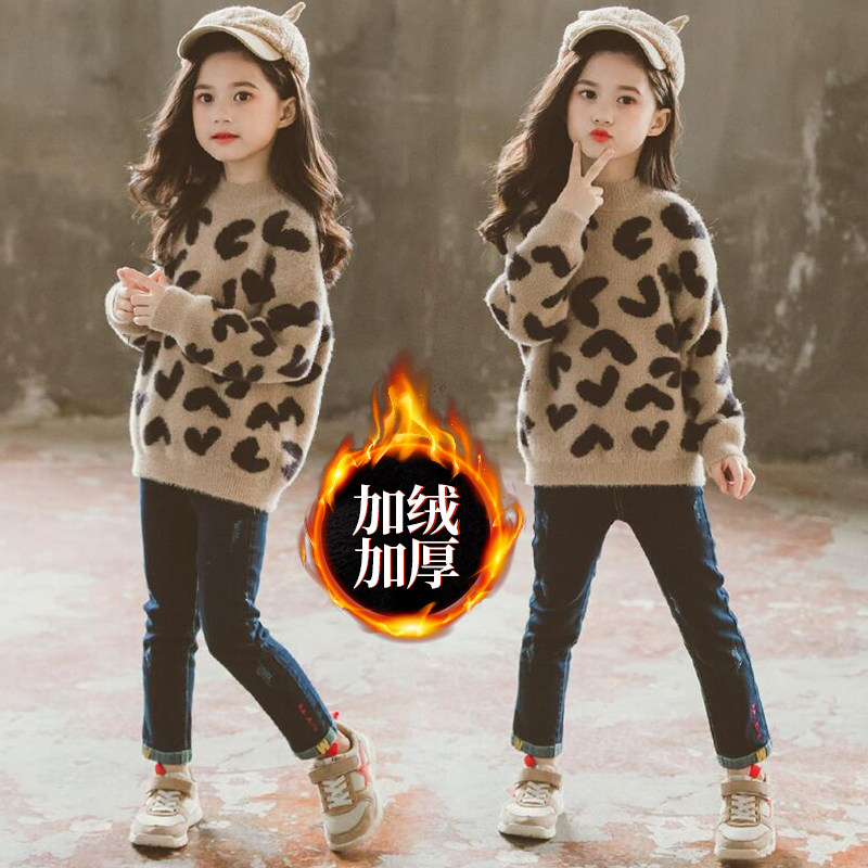Girls knitted sweater winter 2022 plus velvet thickened children's suit new autumn and winter models in the big children's pullover sanitary clothing