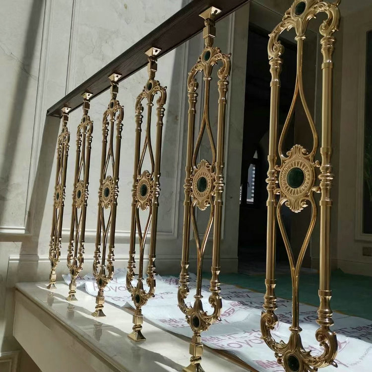 Ningbo Customized Stairway Armrest Enclosure Guard Railing Bronze Aluminum Column Iron Art Solid Wood Glass Villa installed boutique specialties