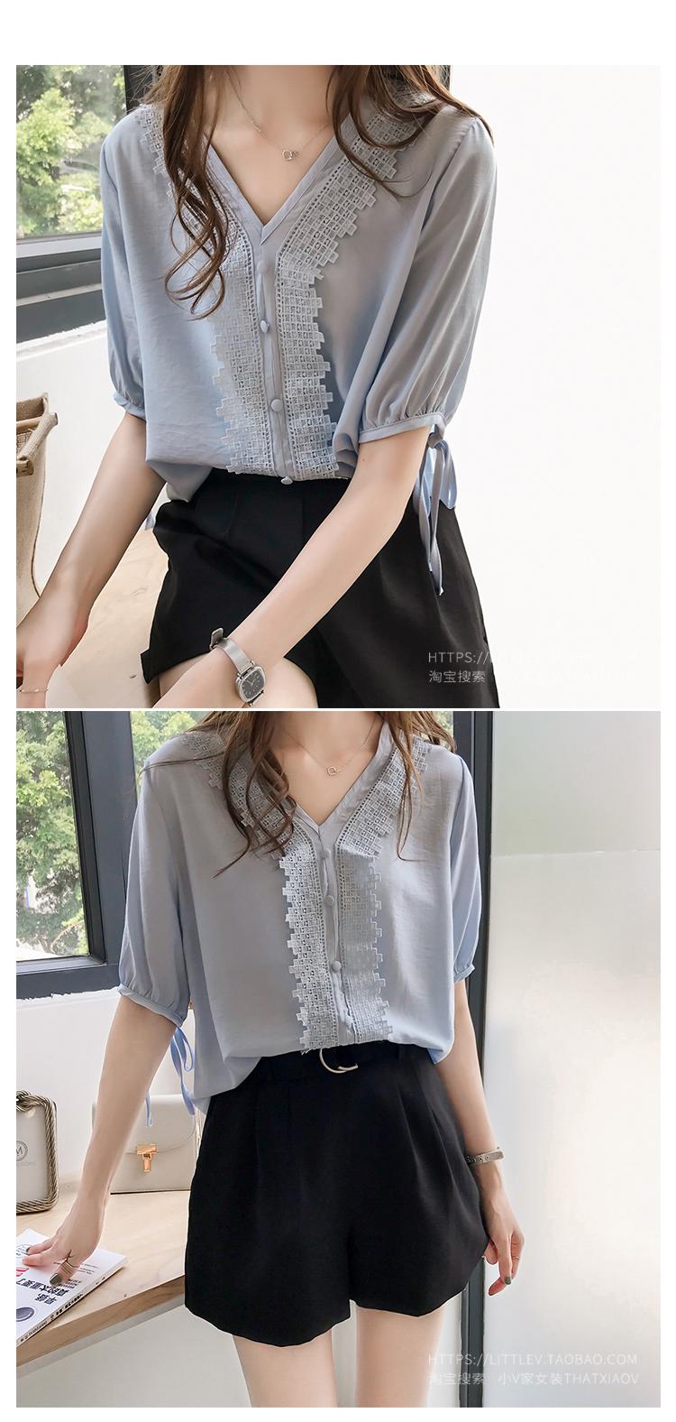 Váy hè nữ 2019 khí chất dịu dàng móc gió hoa ren khâu cổ chữ V Đầm voan nữ tay ngắn tay thủy triều - Áo sơ mi chiffon ren áo sơ mi màu vàng
