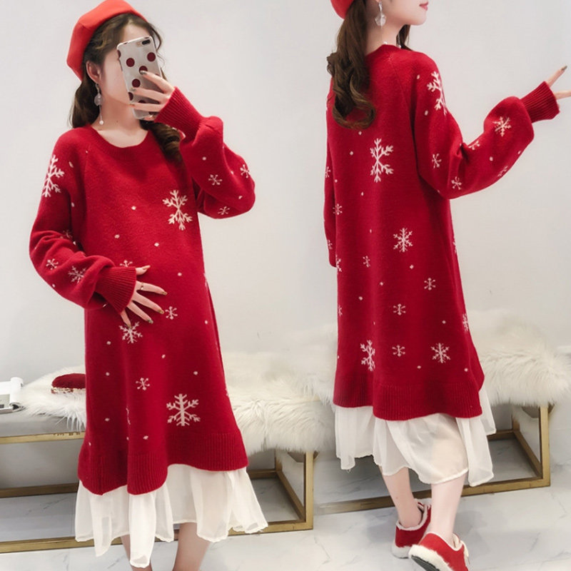 Pregnant Woman Autumn Winter Dress Red Sweater Fashion Foreign Dress Medium Long Version Loose Wool Knit Cardiovert Dress Outskirt Dress Foreign Pie