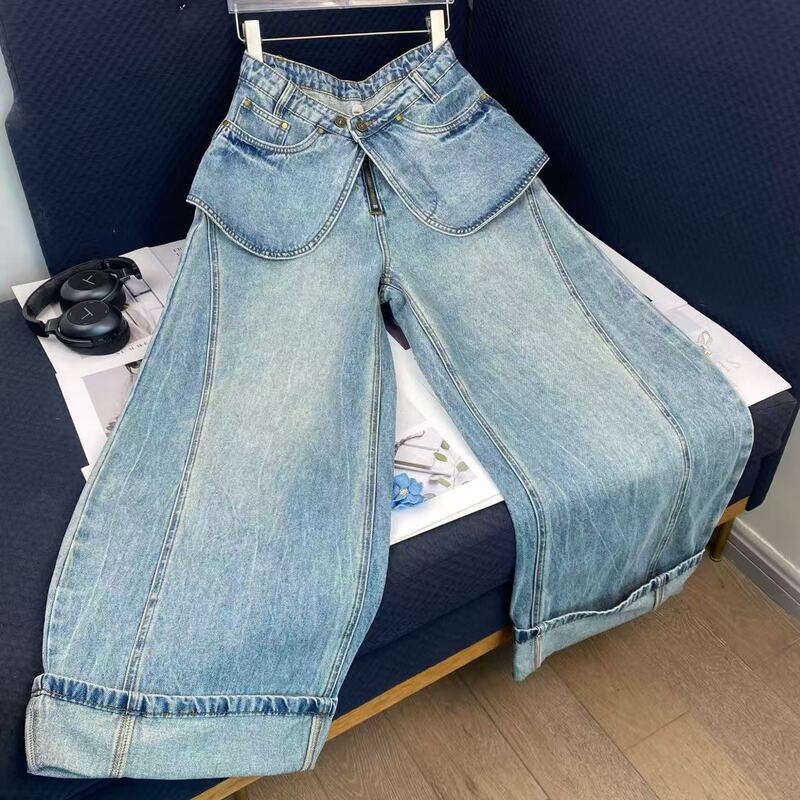 New Trendy Women's Retro Double-Waist Patchwork Wide-Leg Floor-Length Cuffed Denim Pants