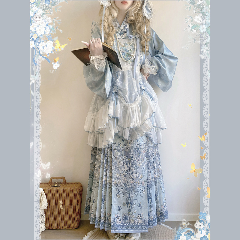 Spring Dye Collection Han-Yang Fusion [Blue] Original Hanfu Lolita Embroidery Jacquard Overskirt Daily Cute Style Student