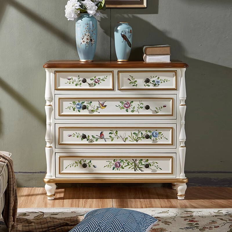 American Country-Style Solid Wood Painted Chest of Drawers, Simple Living Room Entryway Cabinet, Bedroom Bedside Vintage Storage Cabinet, Organizer
