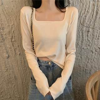 Lixu~Square collar design white long-sleeved T-shirt bottoming shirt for women in autumn with short French collarbone top