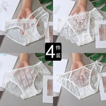 2 4 strips of white sexy briefs female transparent lace hollowed-out low waist and no-scratched thin web yarn cotton stall triangular trouser head