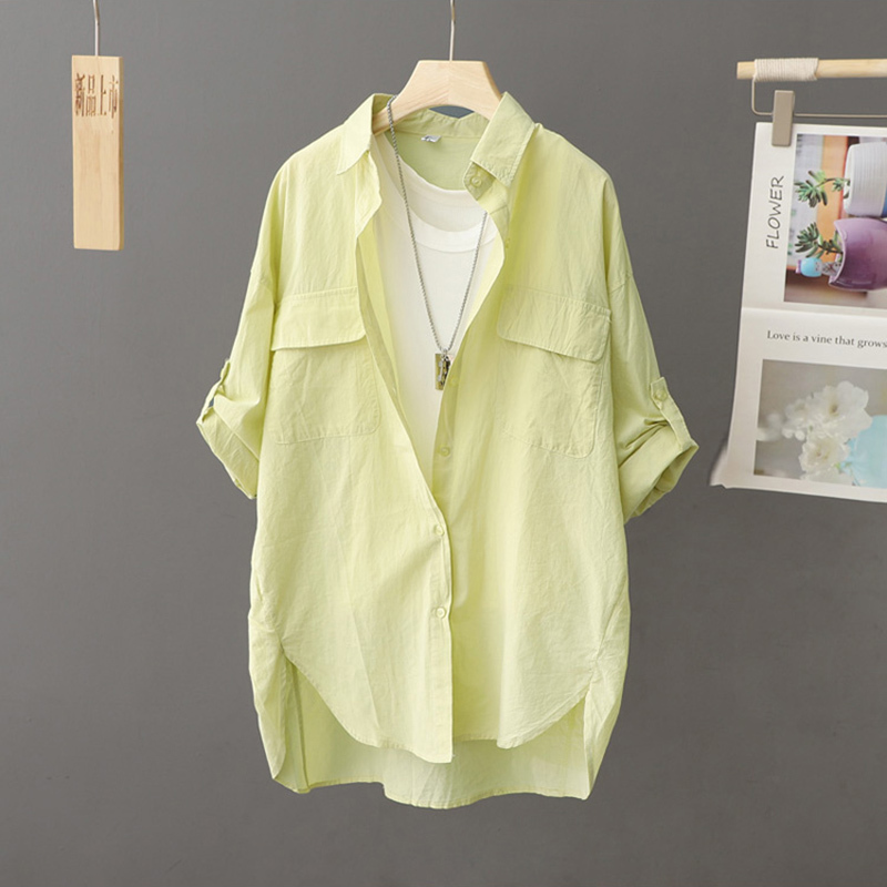 Summer Mint Green Cotton Shirt for Women, Mid-Length, Loose Fit, 2026 New Popular Versatile Shirt, Five-Quarter Sleeve Top Summer Mint Green Cotton Shirt for Women, Mid-Length, Loose Fit, 2026 New Popular Versatile Shirt, Five-Quarter Sleeve Top