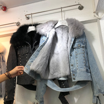 2021 Winter real fur collar detachable real rabbit hair inner dolls short denim padded small coat cotton suit