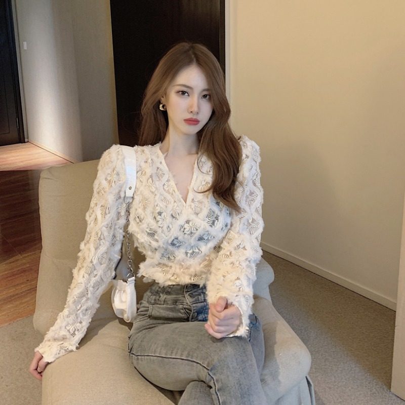 Fall/Winter 2021 New Korean Edition Temperament Solid Color Versatile V-Neck Panels Short Cutout Lace Shirt Long Sleeve Tops For Women