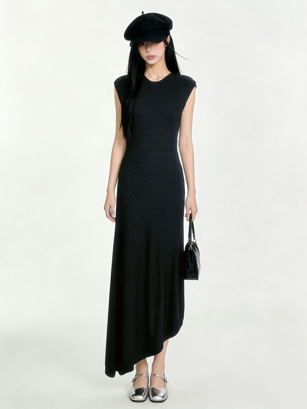 Bubble Cui Black Sleeveless Dress for Women 2026 Summer Elegant Waist-Cinching Pleated Ribbed Ice Silk Long Dress