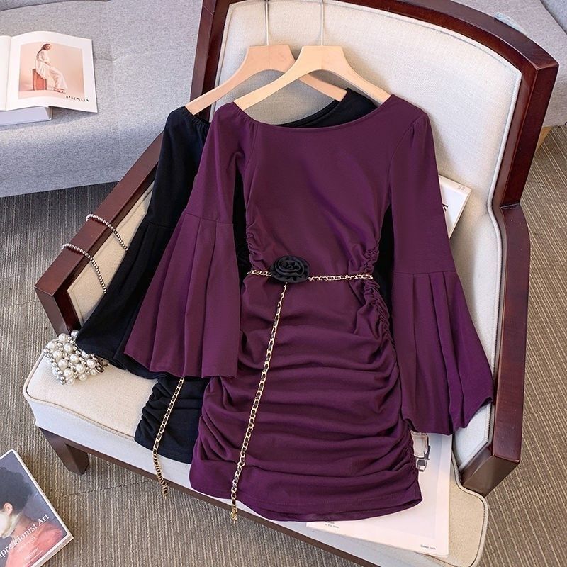 Purple Off-Shoulder Long-Sleeved Dress for Women, Autumn Waist-Cinching, Figure-Flattering Skirt, Elegant Pleated Hip-Hugging Short Skirt Purple Off-Shoulder Long-Sleeved Dress for Women, Autumn Waist-Cinching, Figure-Flattering Skirt, Elegant Pleated Hip-Hugging Short Skirt